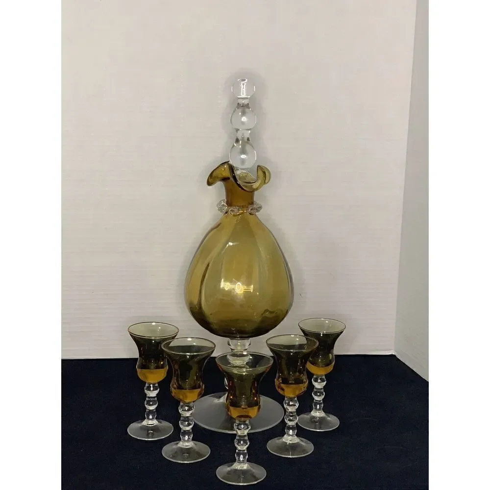 Rare Vintage Italian Amber Decanter with Stopper and 5 Matching Cordial Glasses